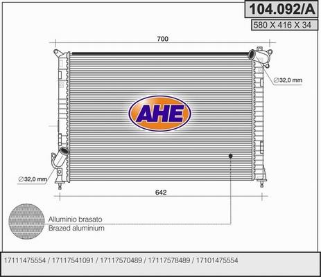 AHE 104.092/A - Radiators, Motora dzesēšanas sistēma autodraugiem.lv