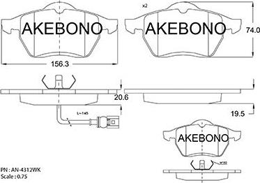 Akebono AN-4312WKE - Bremžu uzliku kompl., Disku bremzes autodraugiem.lv