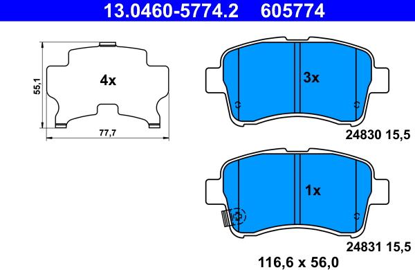 ATE 13.0460-5774.2 - Bremžu uzliku kompl., Disku bremzes autodraugiem.lv