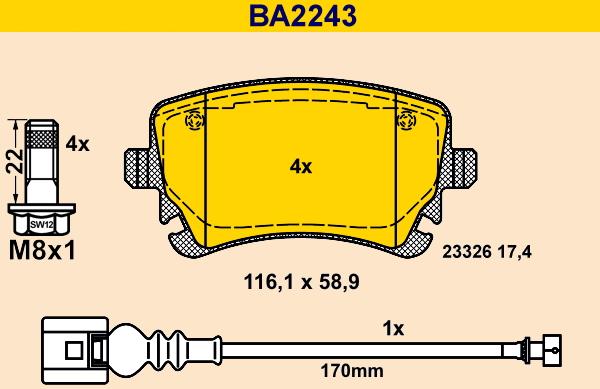 Barum BA2243 - Bremžu uzliku kompl., Disku bremzes autodraugiem.lv