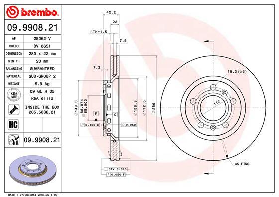 Brembo 09.9908.21 - Bremžu diski autodraugiem.lv