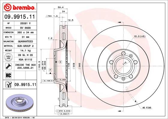 Brembo 09.9915.11 - Bremžu diski autodraugiem.lv