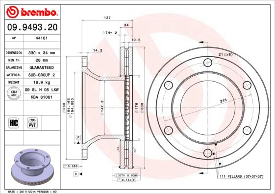 Brembo 09.9493.20 - Bremžu diski autodraugiem.lv