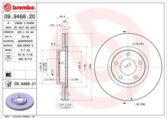 Brembo 09.9468.21 - Bremžu diski autodraugiem.lv