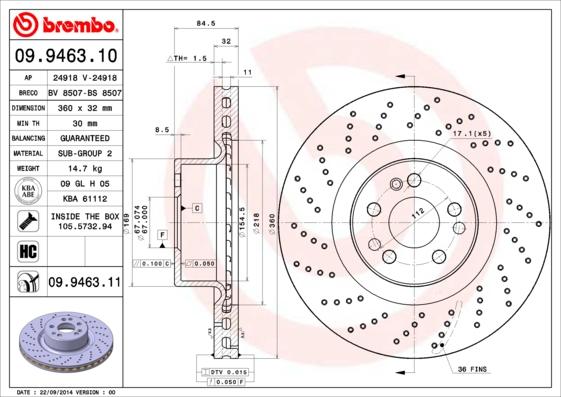 Brembo 09.9463.11 - Bremžu diski autodraugiem.lv