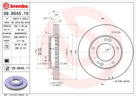 Brembo 09.9545.11 - Bremžu diski autodraugiem.lv