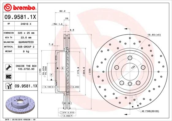 Brembo 09.9581.1X - Bremžu diski autodraugiem.lv