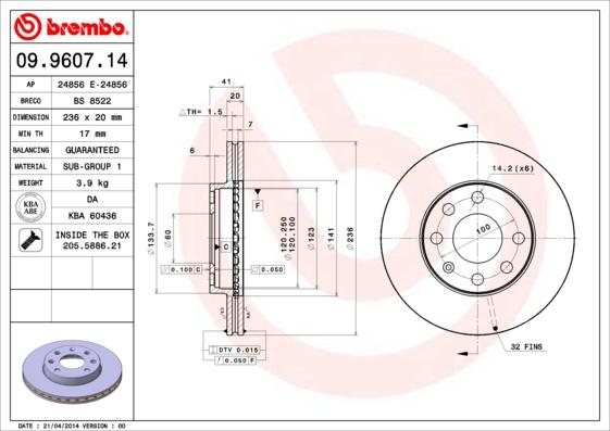 Brembo 09.9607.14 - Bremžu diski autodraugiem.lv