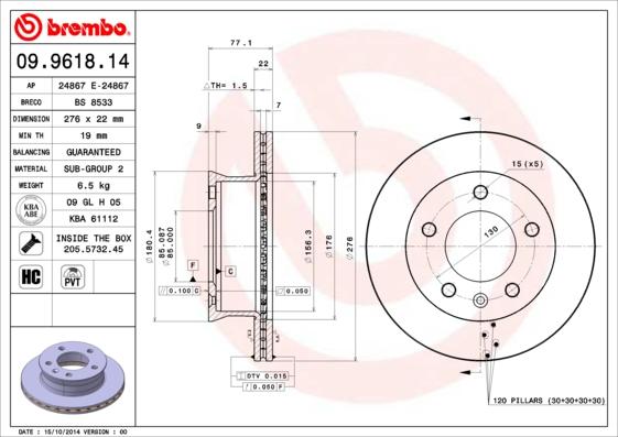 Brembo 09.9618.14 - Bremžu diski autodraugiem.lv