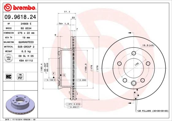 Brembo 09.9618.24 - Bremžu diski autodraugiem.lv