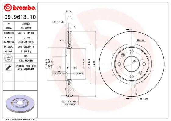 Brembo 09.9613.10 - Bremžu diski autodraugiem.lv