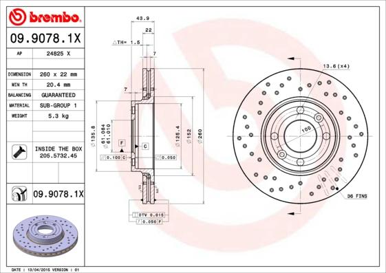 Brembo 09.9078.1X - Bremžu diski autodraugiem.lv