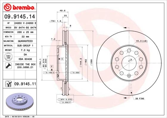 Brembo 09.9145.11 - Bremžu diski autodraugiem.lv