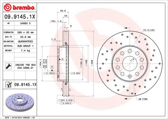 Brembo 09.9145.1X - Bremžu diski autodraugiem.lv