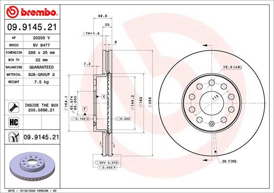 Brembo 09.9145.21 - Bremžu diski autodraugiem.lv