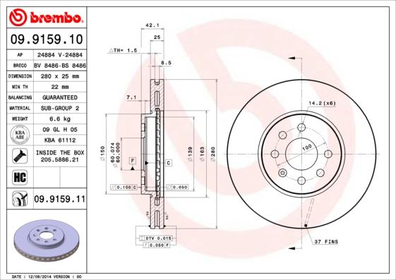 Brembo 09.9159.10 - Bremžu diski autodraugiem.lv