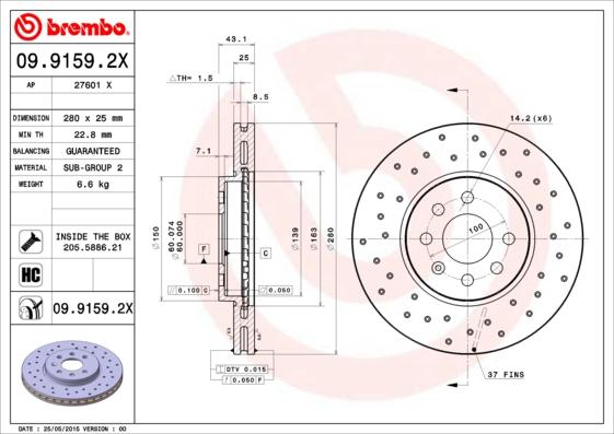 Brembo 09.9159.2X - Bremžu diski autodraugiem.lv