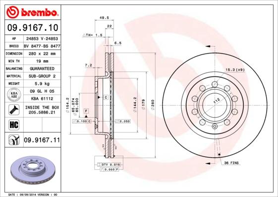 Brembo 09.9167.11 - Bremžu diski autodraugiem.lv