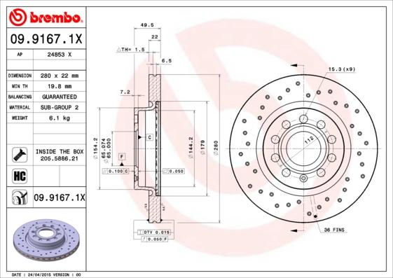 Brembo 09.9167.1X - Bremžu diski autodraugiem.lv