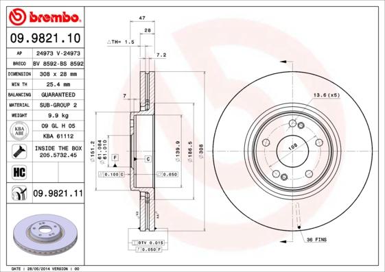 Brembo 09.9821.11 - Bremžu diski autodraugiem.lv