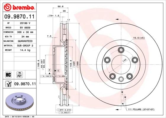 Brembo 09.9870.11 - Bremžu diski autodraugiem.lv