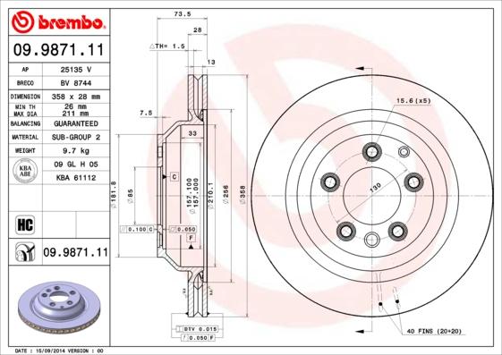 Brembo 09.9871.11 - Bremžu diski autodraugiem.lv