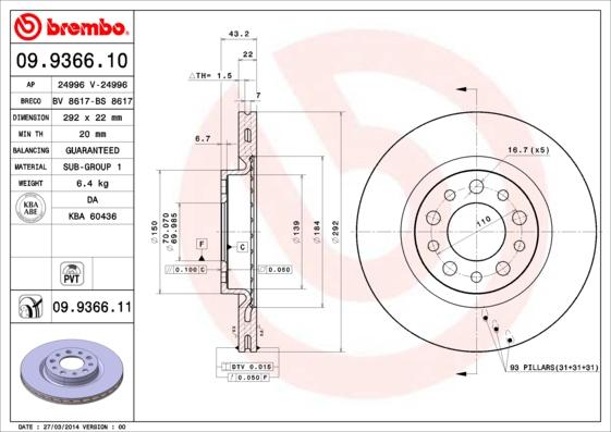 Brembo 09.9366.11 - Bremžu diski autodraugiem.lv