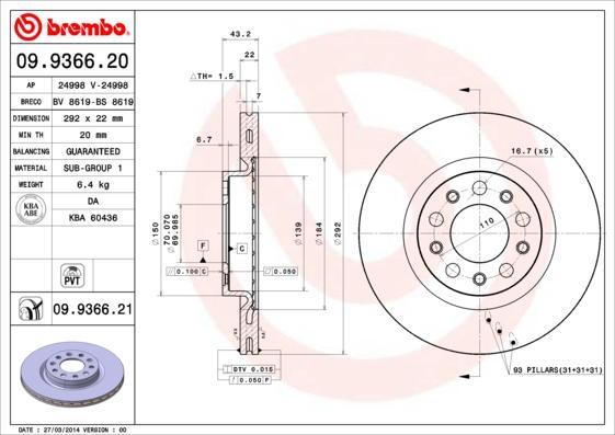 Brembo 09.9366.20 - Bremžu diski autodraugiem.lv