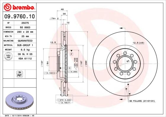 Brembo 09.9760.10 - Bremžu diski autodraugiem.lv