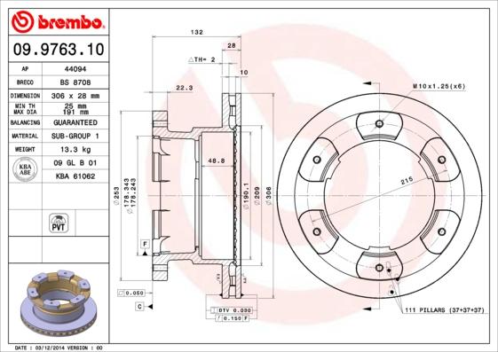 Brembo 09.9763.10 - Bremžu diski autodraugiem.lv