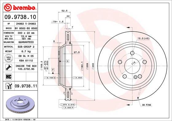 Brembo 09.9738.11 - Bremžu diski autodraugiem.lv