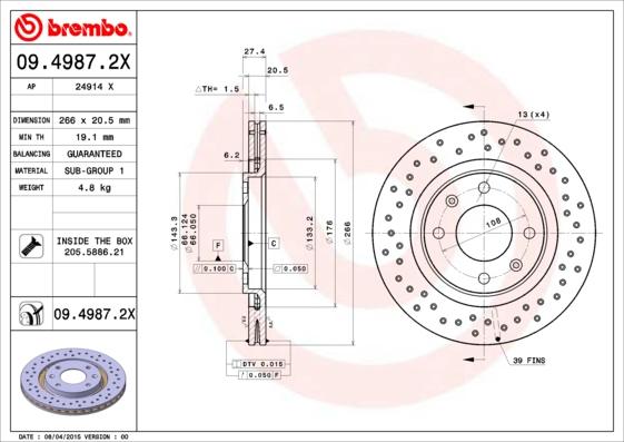 Brembo 09.4987.2X - Bremžu diski autodraugiem.lv