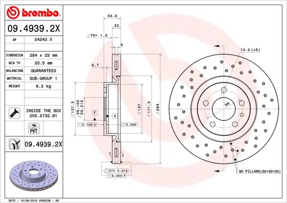 Brembo 09.4939.2X - Bremžu diski autodraugiem.lv