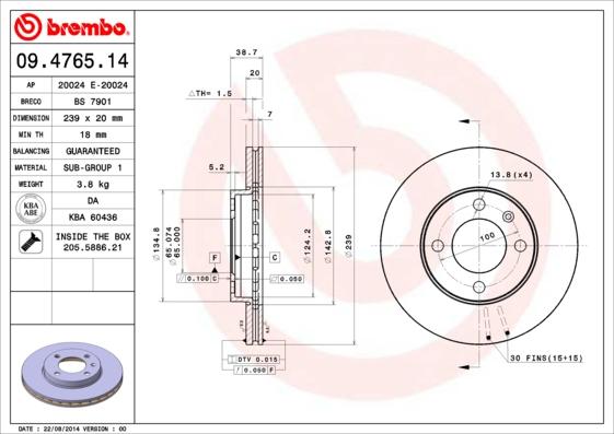 Brembo 09.4765.14 - Bremžu diski autodraugiem.lv