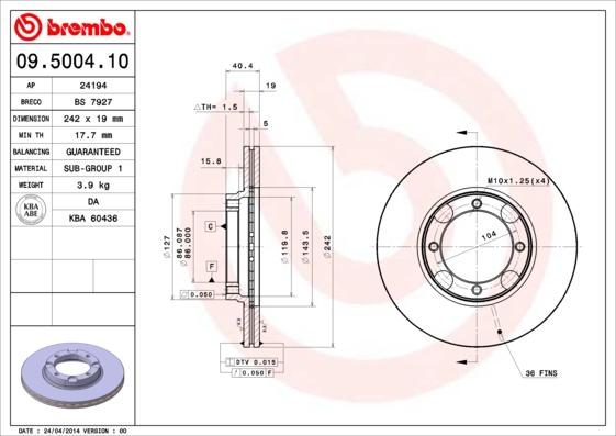 Brembo 09.5004.10 - Bremžu diski autodraugiem.lv