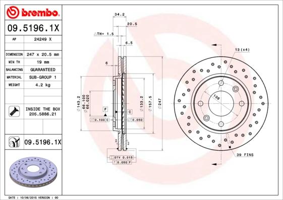 Brembo 09.5196.1X - Bremžu diski autodraugiem.lv