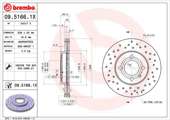 Brembo 09.5166.1X - Bremžu diski autodraugiem.lv