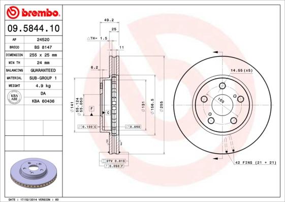 Brembo 09.5844.10 - Bremžu diski autodraugiem.lv