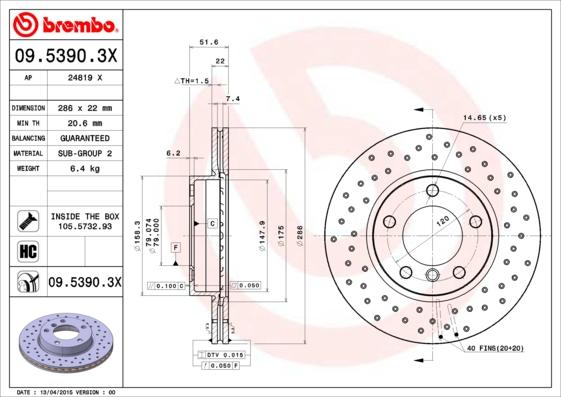 Brembo 09.5390.3X - Bremžu diski autodraugiem.lv