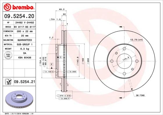 Brembo 09.5254.21 - Bremžu diski autodraugiem.lv