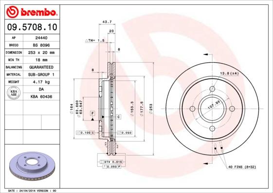 Brembo 09.5708.10 - Bremžu diski autodraugiem.lv