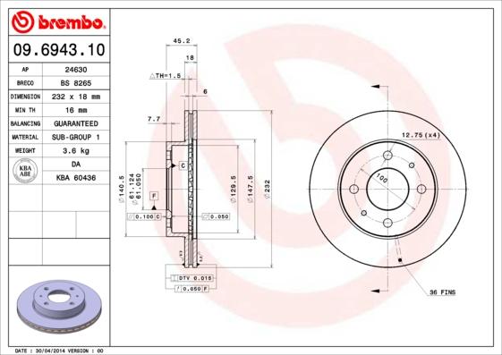 Brembo 09.6943.10 - Bremžu diski autodraugiem.lv