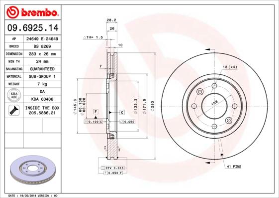 Brembo 09.6925.14 - Bremžu diski autodraugiem.lv