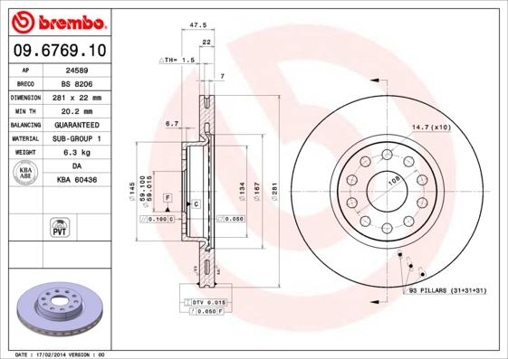 Brembo 09.6769.10 - Bremžu diski autodraugiem.lv