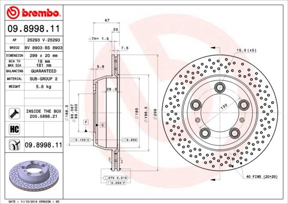 Brembo 09.8998.11 - Bremžu diski autodraugiem.lv