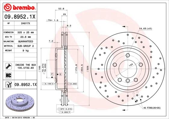 Brembo 09.8952.1X - Bremžu diski autodraugiem.lv