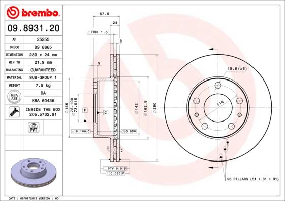 Brembo 09.8931.21 - Bremžu diski autodraugiem.lv