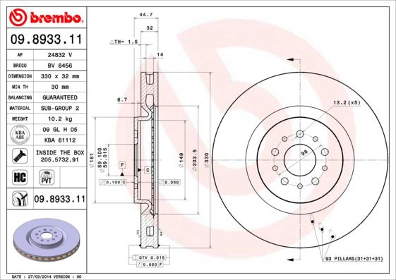 Brembo 09.8933.11 - Bremžu diski autodraugiem.lv