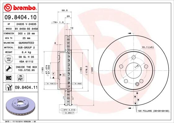 Brembo 09.8404.10 - Bremžu diski autodraugiem.lv