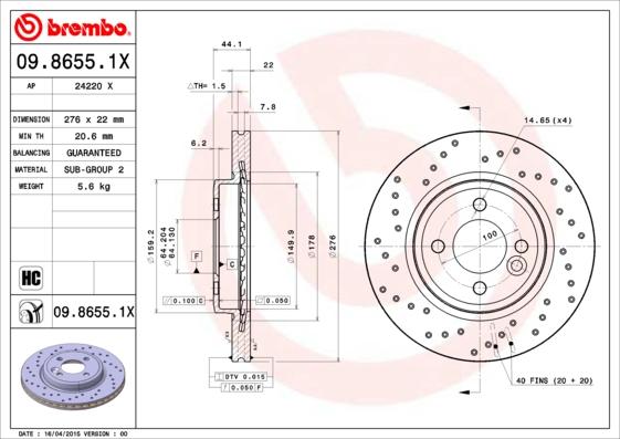 Brembo 09.8655.1X - Bremžu diski autodraugiem.lv